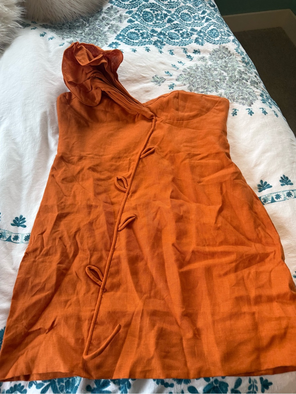 NWT FARM Rio Orange One-Shoulder Ruffle Mini Dress - Picture 3 of 3